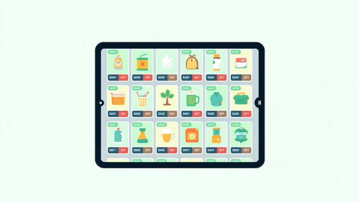Ilustração de catálogo digital em um tablet com produtos e preços