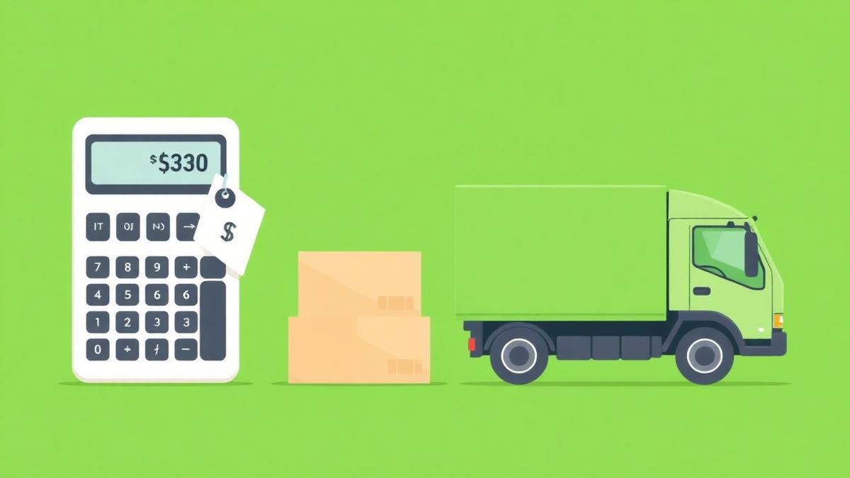 Calculadora, caixa e caminhão representando preço e frete
